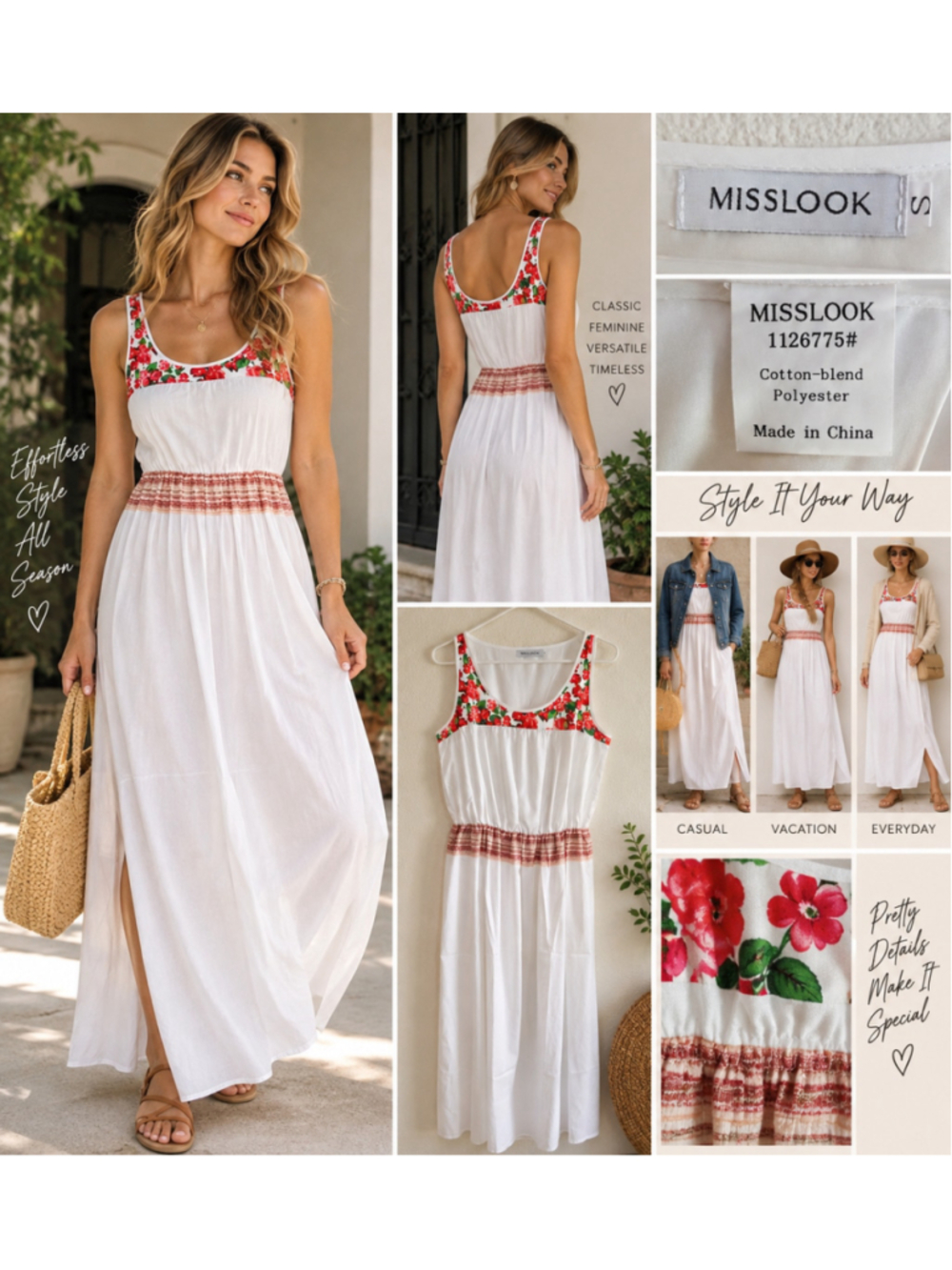 Misslook Floral Border Scoop Neck Sleeveless Maxi Dress White Red Green Small W-